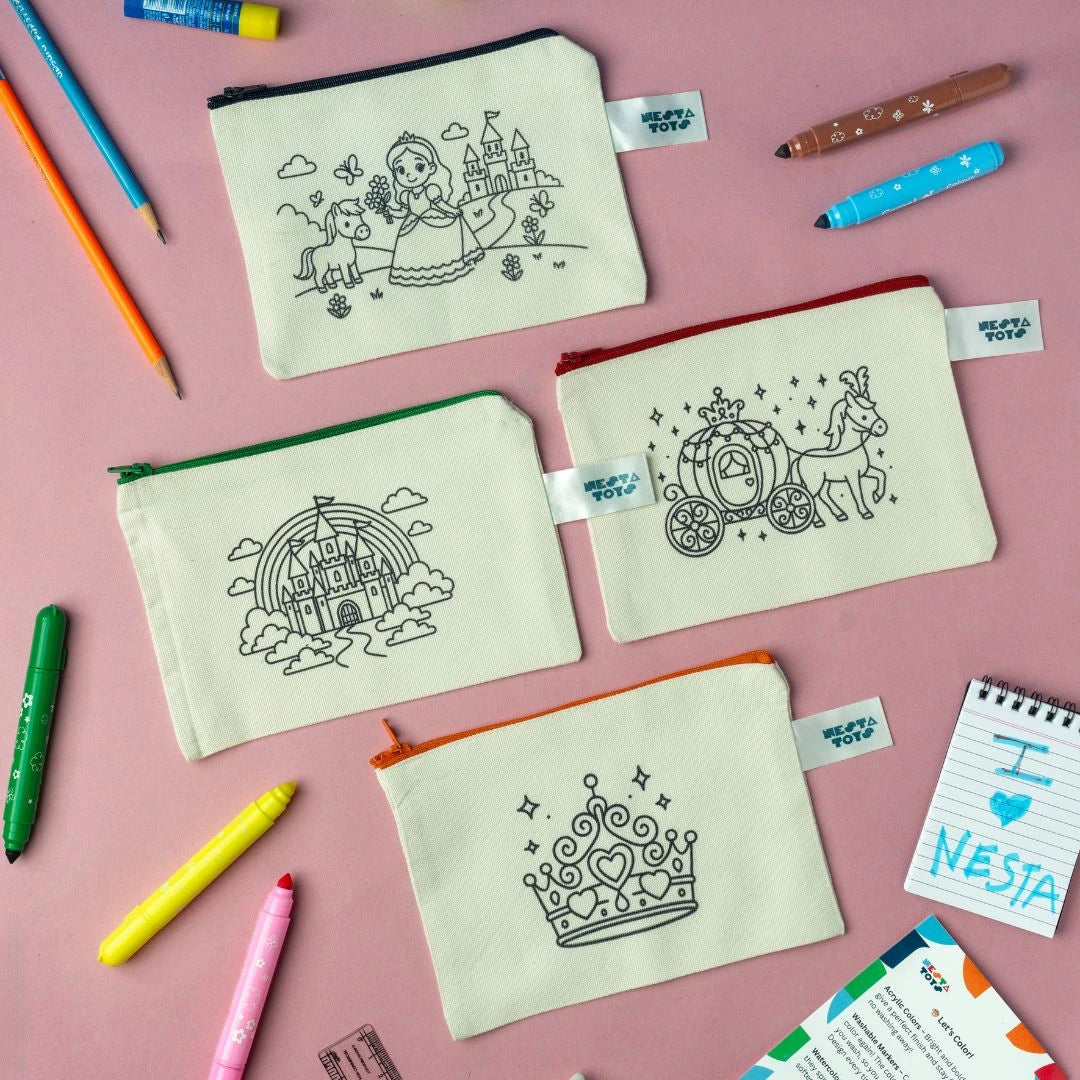 DIY Coloring Cotton Pouch for Kids  (Set of 4) – Princess Theme