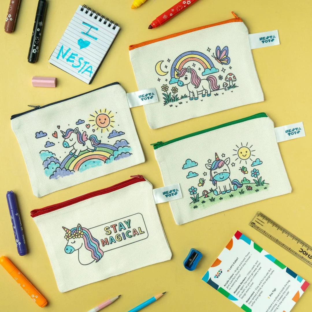 DIY Coloring Cotton Pouch for Kids (Set of 4) – Unicorn Theme