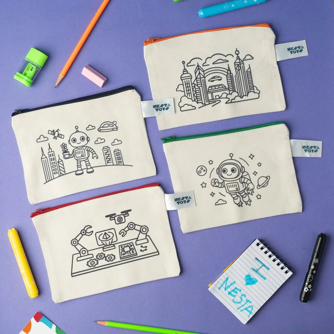 DIY Coloring Cotton Pouch for Kids (Set of 4) – Robots and Future Tech