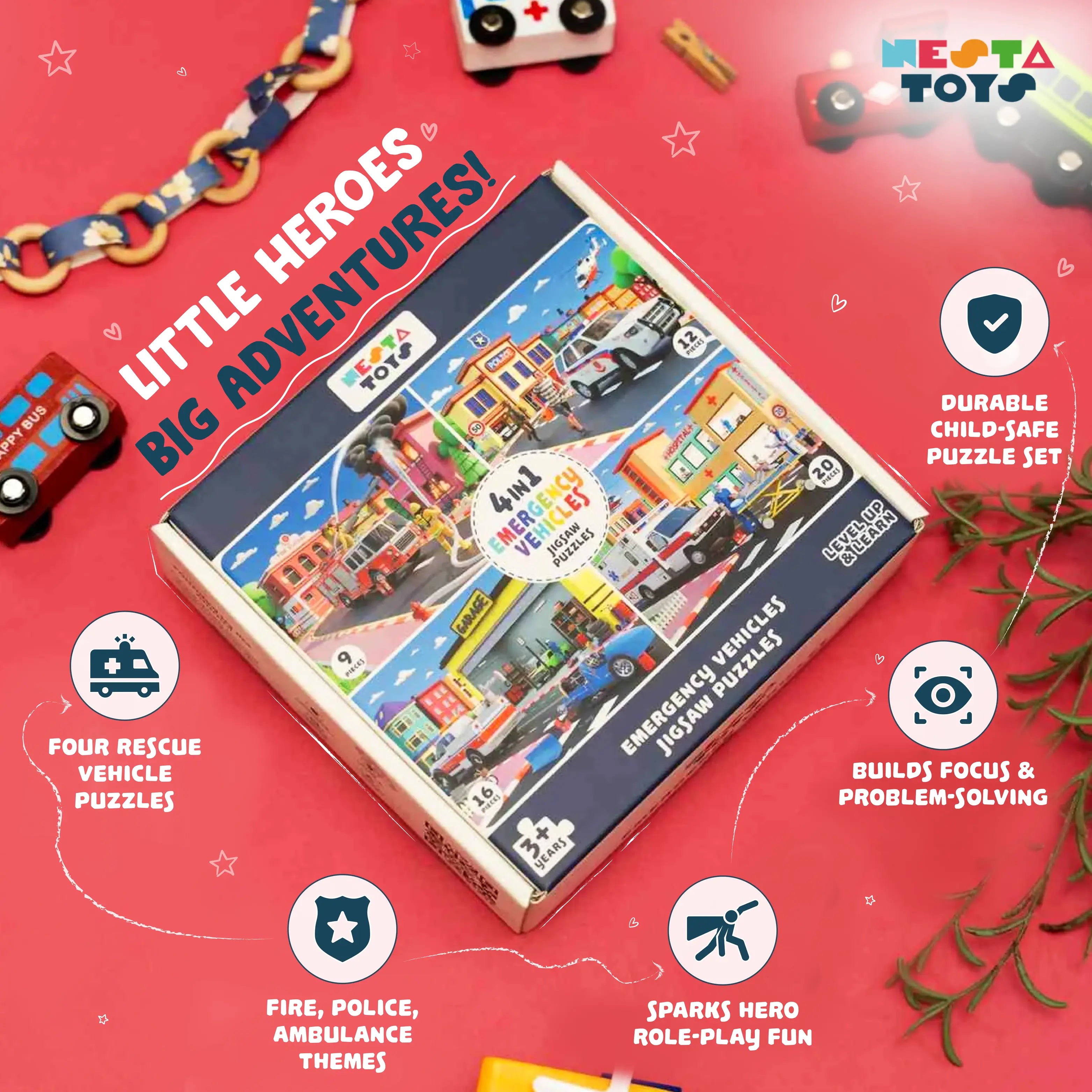 4 in 1 Jigsaw Puzzle - Emergency Vehicles (9 Pcs - 20 Pcs)